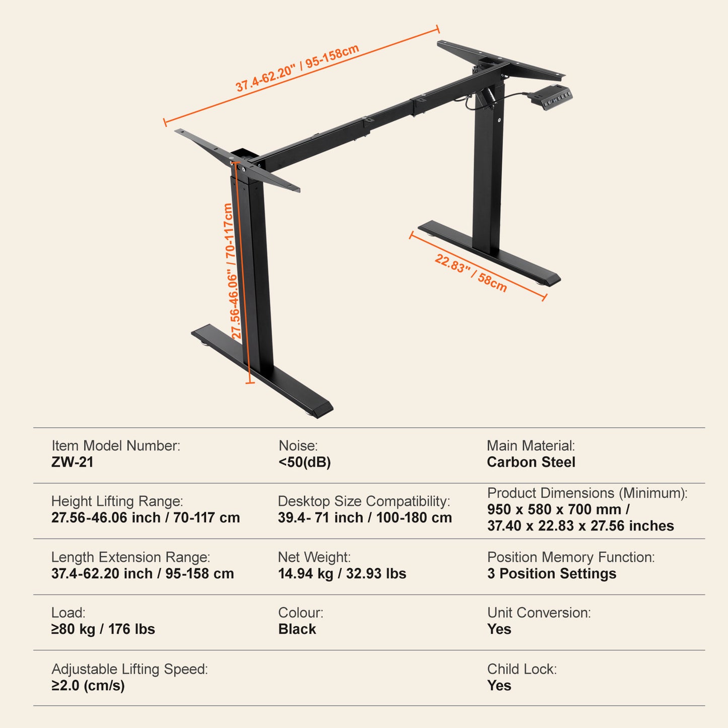 VEVOR Electric Standing Desk Frame Adjustable 70-117 cm H Black Workstation Base