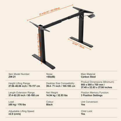 VEVOR Electric Standing Desk Frame Adjustable 70-117 cm H Black Workstation Base