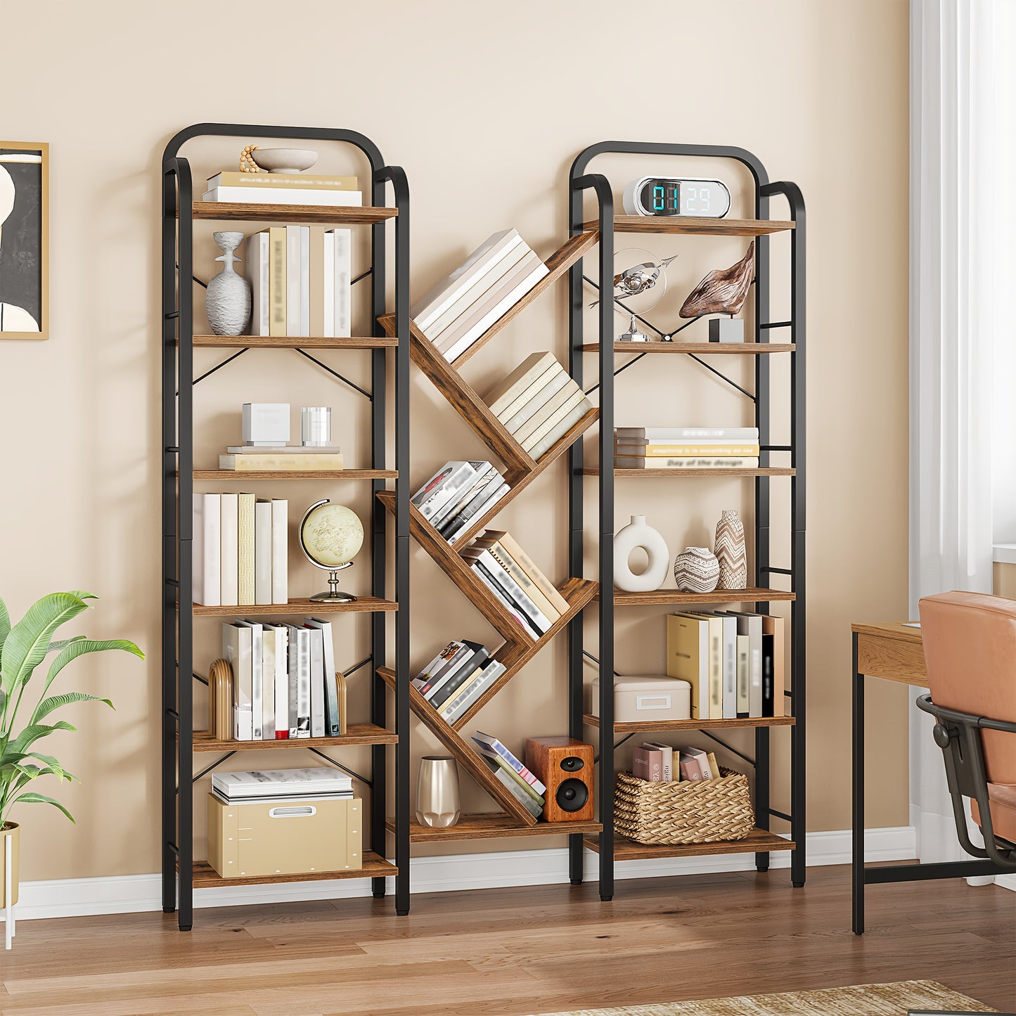 Boekenplank – Boekenrek – Wandplank – Boekenkast – Boekenkast – 6-Laags Met 18 Vakken – Vintage Bruin Zwart Hout – Vrijstaand Stalen Frame – 24x152x198,5 cm – Geen Montage