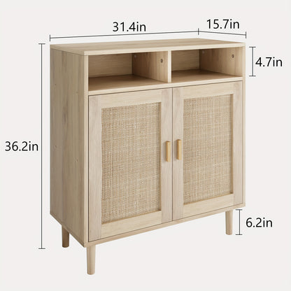 Dressoir – Sideboard – Buffetkast – Opbergkast – Keukenkast – Rotan Afwerking – 2 Deuren Met Open Plank – Stevig Houten Poten