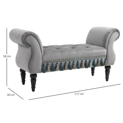 Velvet Bank – Zitbank – Loveseat – Slaapkamerbank – Halbank – Grijs – Compact Formaat – Massief Houten Poten