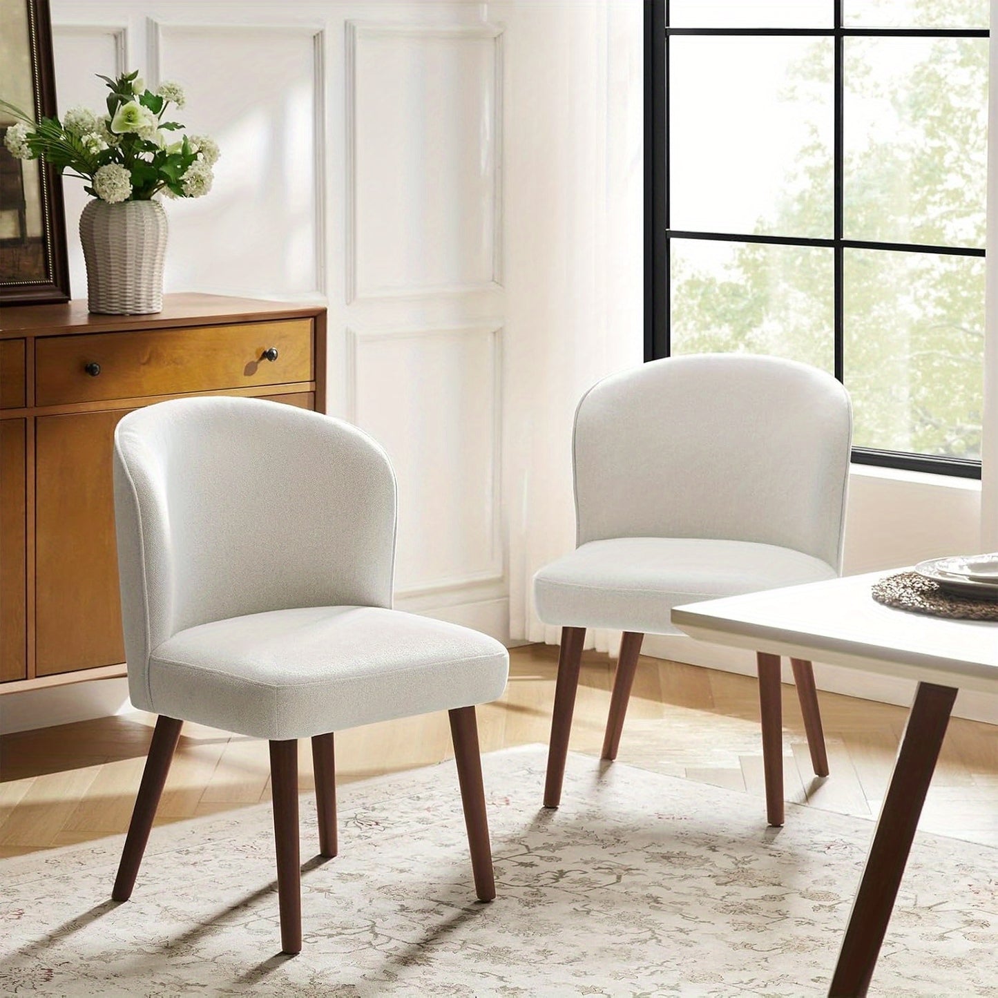 Eetkamerstoelen – Stoelen – Keukenstoelen – Design Stoelen – Witte Stoelen – Set Van 2 – Mid-Century Modern – Gebogen Rugleuning – Gestoffeerde Zitting – Massief Houten Poten