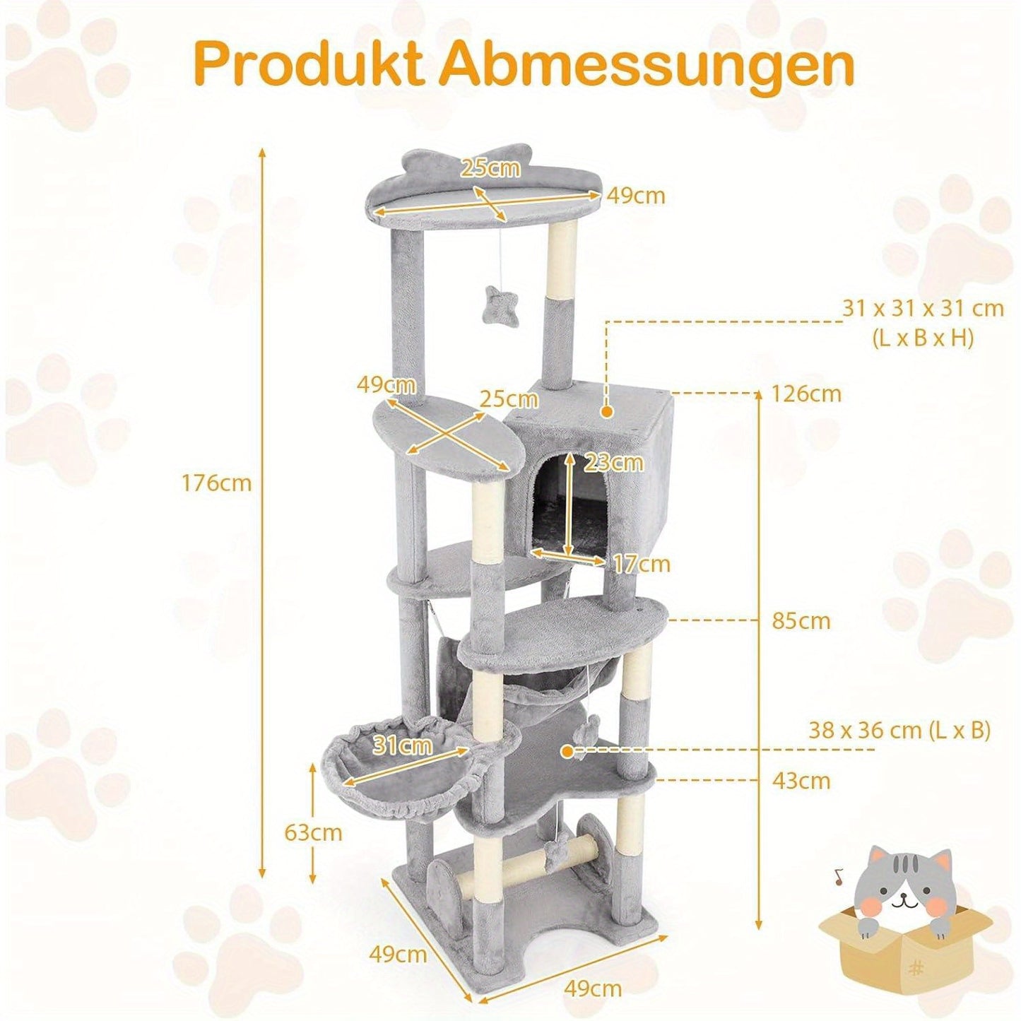 Krabpaal – Kattenkrabpaal – Kattenboom – Krabmeubel – Krabton – 176 cm Hoog – Stevig Hout & Sisal