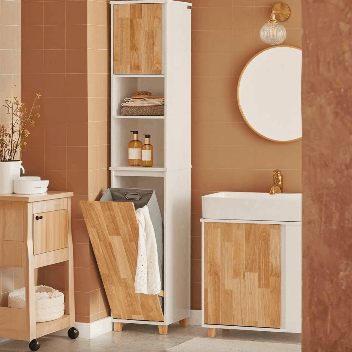 badkamerkast – kolomkast – opbergkast – hoge kast – wastafelonderkast – smal design – vochtbestendig MDF – inklapbare wasmand met uitneembare tas – 31x170x32 cm – wit/naturel