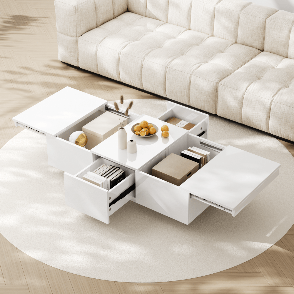 Salontafel – Koffietafel – Bijzettafel – Woonkamertafel – Tafel – Hoogglans Wit – Dubbele Schuifladen – Hout Kunstboard