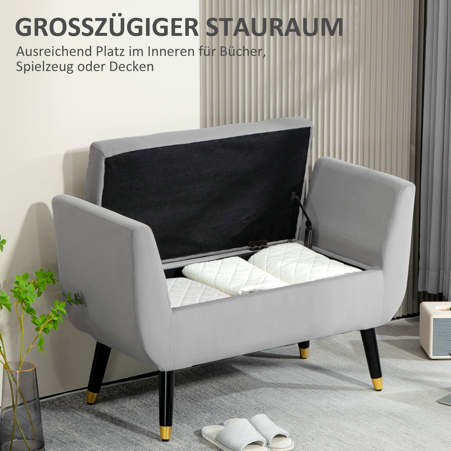 Krukje – Opbergbank – Bankje – Zitbank – Opstapje – Fluwelen Bekleding – Rubberhout Frame – Lichtgrijs – 107x42x65 cm – Ruime Opbergruimte
