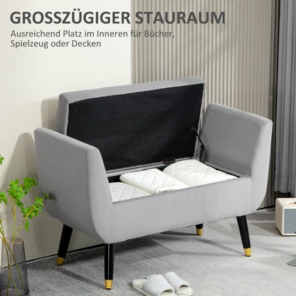 Krukje – Opbergbank – Bankje – Zitbank – Opstapje – Fluwelen Bekleding – Rubberhout Frame – Lichtgrijs – 107x42x65 cm – Ruime Opbergruimte