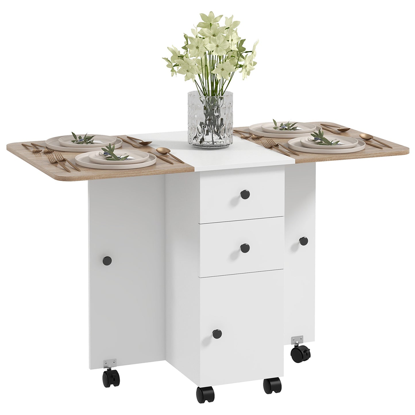 Opvouwbare Keuken- en Eettafel – Uitklapbare Tafel – Inklapbare Tafel – Verrijdbare Tafel – Ruimtebesparende Tafel – Wit – 2 Lades & Kast – Compact en Mobiel