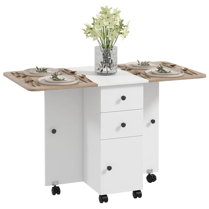 Opvouwbare Keuken- en Eettafel – Uitklapbare Tafel – Inklapbare Tafel – Verrijdbare Tafel – Ruimtebesparende Tafel – Wit – 2 Lades & Kast – Compact en Mobiel