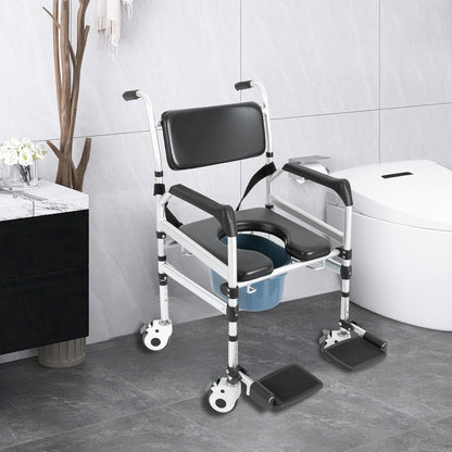 Douchekruk – Douchestoel – Badkruk – Douchezitje – Douche-/Toiletstoel – Verstelbaar In Hoogte – Met 4 Wielen Met Remmen – Met Bidet En Veiligheidsriem – Stevig Metalen Frame Tot 160 kg