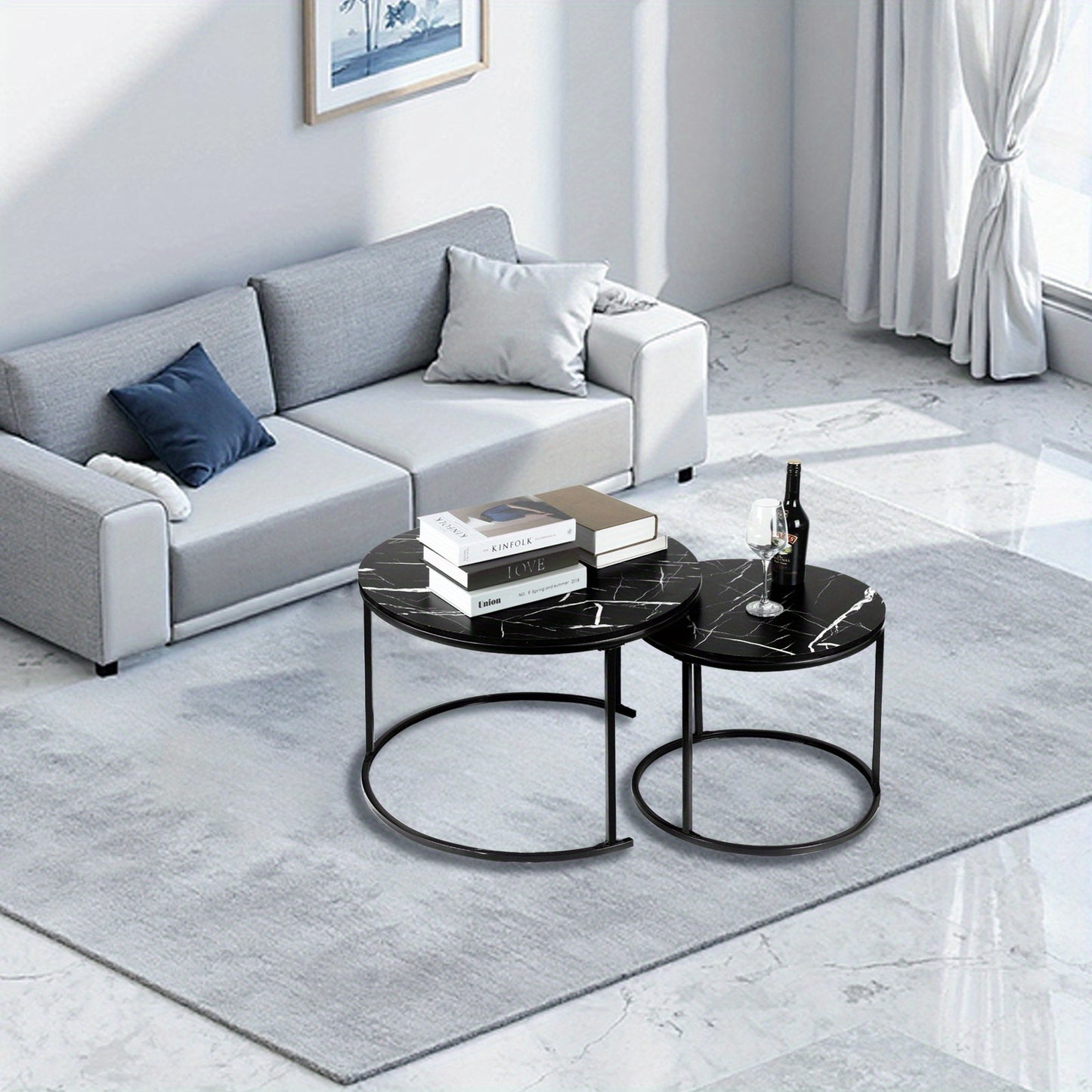 Nordic Salontafel – Woonkamer Tafel – Bijzettafel – Koffietafel – Set Van Twee – Zwart – Metalen Frame – Compact Formaat 45x45x70/38x38x50 cm