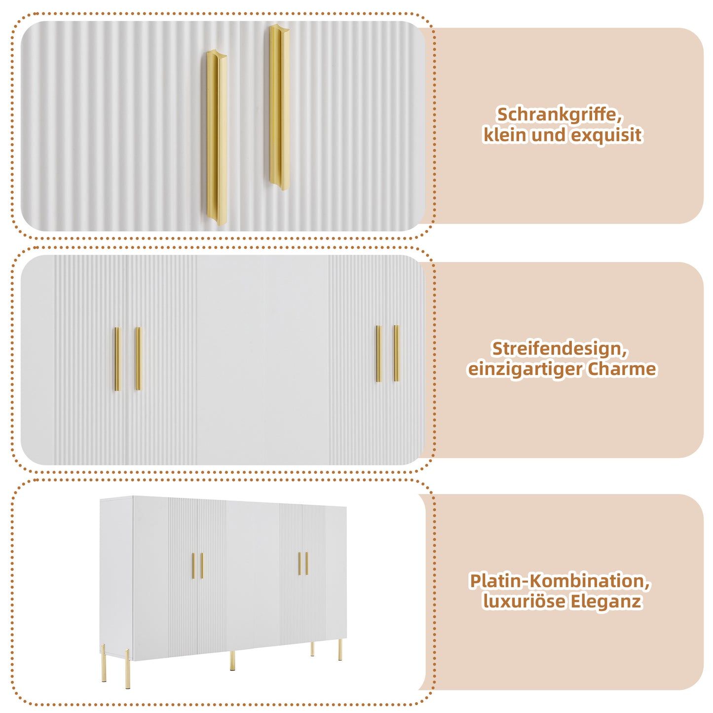 Wit Opbergmeubel – Opbergkast – Dressoir – Ladenkast – Buffetkast – Modern Design – Verstelbare Planken – Gouden Accenten – 160x35x100 cm