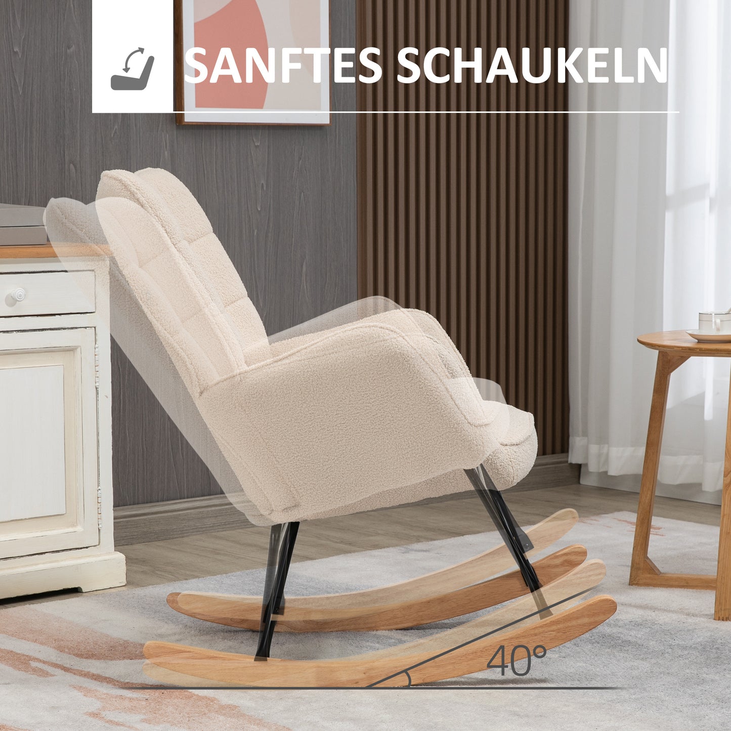 Retro Schommelstoel – Schommelstoel – Schommelstoel Met Armleuning – Relaxstoel – Houten Schommelstoel – Massief Hout – Compact Formaat 98x71x101 cm – Beige