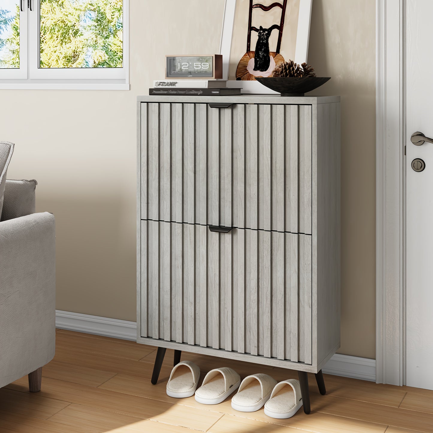 Schoenenkast – Schoenenrek – Schoenenopberger – Schoenenmeubel – Schoenenbank – Modern Design – 60 cm Breed – Grijs – Met 2 Dubbele Lades – Ruimtebesparend – Vrijstaand