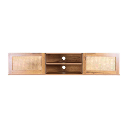 Wandmeubel TV – Tv-kast Wandbeugel – Zwevend Tv-meubel – Wandplank Media – Rattan Details – 150x40x30 cm – MDF en Melamine