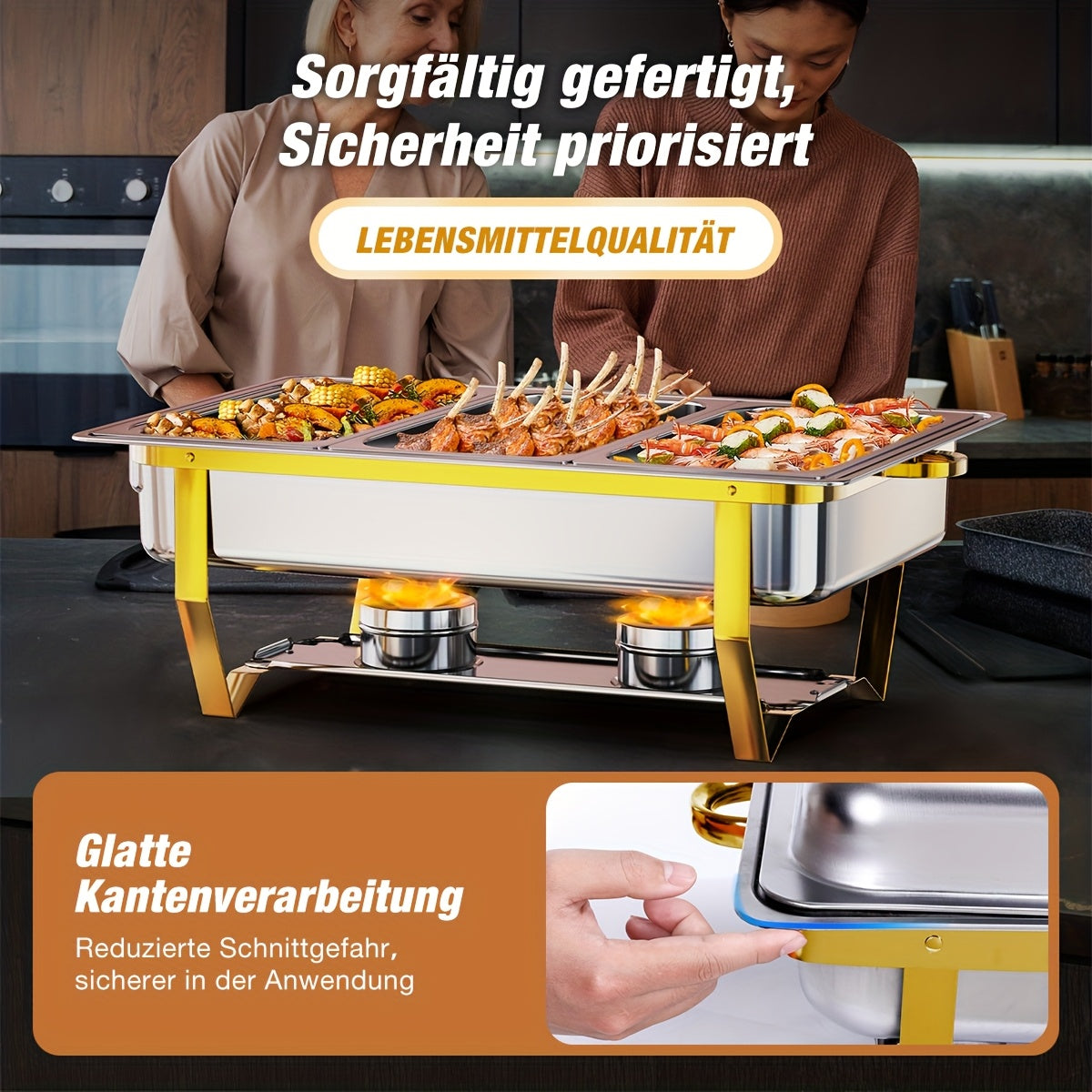 Chafing Dish – Buffetwarmer – Warmhoudplaat – Warmhoudbak – Rechaud – Roestvrij Staal – 9L Inhoud – Gouden Plating & Opvouwbaar Frame