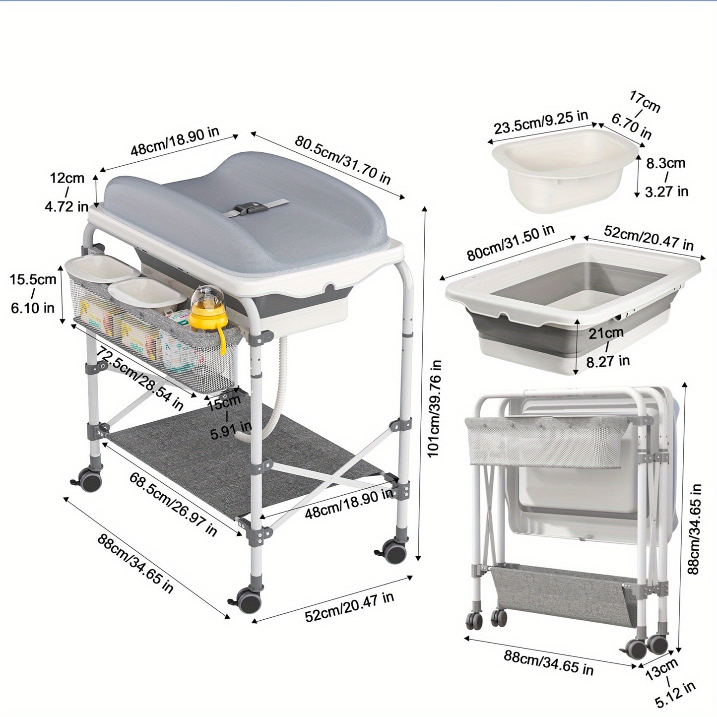 Babycommode Grijs – Verschoontafel – Waskom – Mobiele Commode – 2-in-1 Babymeubel – Inklapbaar Badje – 4 Zwenkwielen – Max Belastbaarheid 50 kg