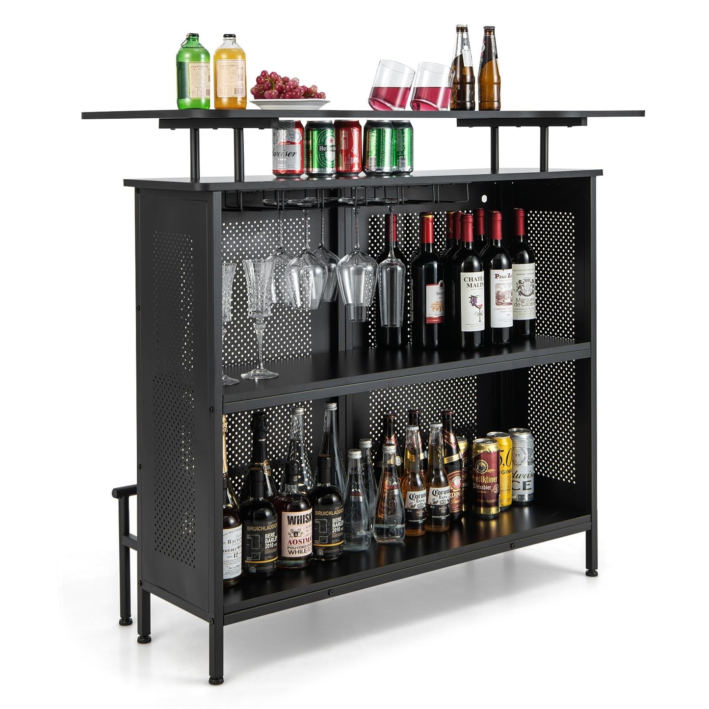 Bartafel – Barmeubel – Keukentafel – Tafel Met Opbergruimte – Zwarte Metalen Frame – Verstelbare Poten – 120 x 50 x 106,5 cm – Inclusief Voetsteun