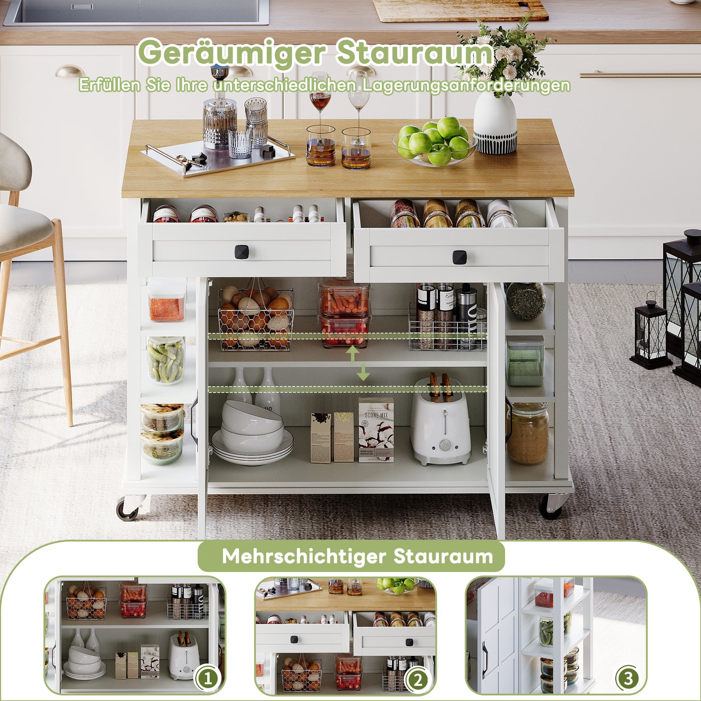 Keukentrolley – Keukenwagen – Serveerwagen – Opbergwagen – Werkbank – Uitschuifbaar Werkblad 120×65 cm – MDF Melamine Water- en Krasbestendig – Met 2 Lades, Opbergruimte en Wieltjes Wit