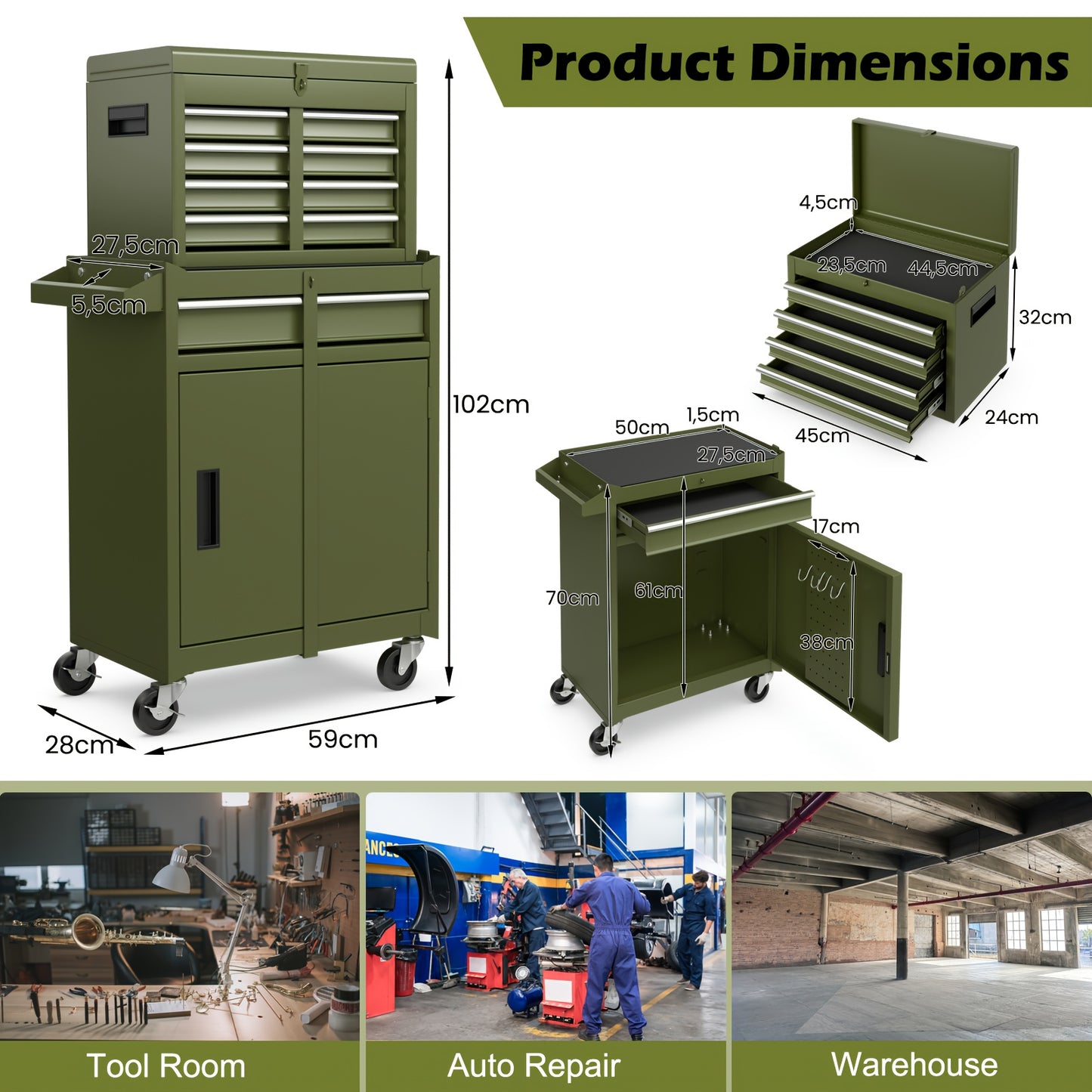Gereedschapswagen – Werkplaatswagen – Gereedschapskast – Rolwagen – Opbergwagen – Groen – 5 Laden – Verstelbare Plank – Vergrendelbare Wielen – Duurzaam & Stevig