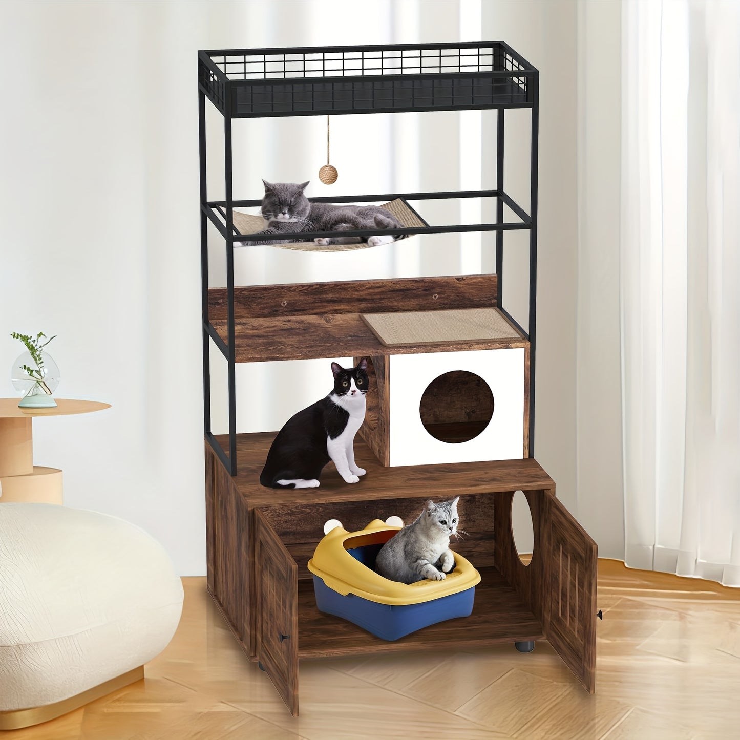 Kattenmeubel – Kattenbakmeubel – Kattenhuis – Kattencondo – Kattenkast – Massief Hout & Metaal – Verborgen Kattenbak & Opbergruimte – Bruin Retro