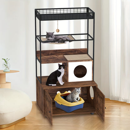 Kattenmeubel – Kattenbakmeubel – Kattenhuis – Kattencondo – Kattenkast – Massief Hout & Metaal – Verborgen Kattenbak & Opbergruimte – Bruin Retro