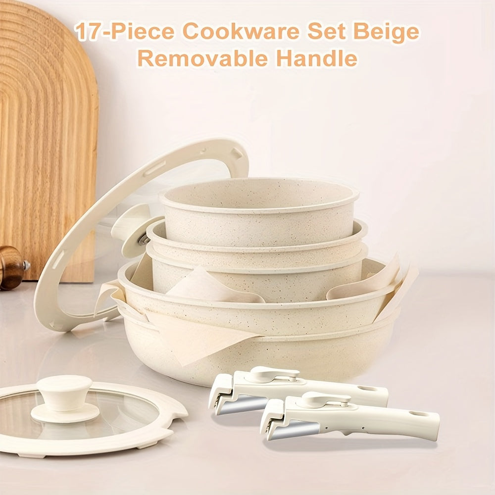 Keramische Pannenset – Kookpannenset – Koekenpannen – Non-stick Pannen – Kookgerei Set – 17-delig – Afneembare Handgrepen – Geschikt Voor Oven & Vaatwasser