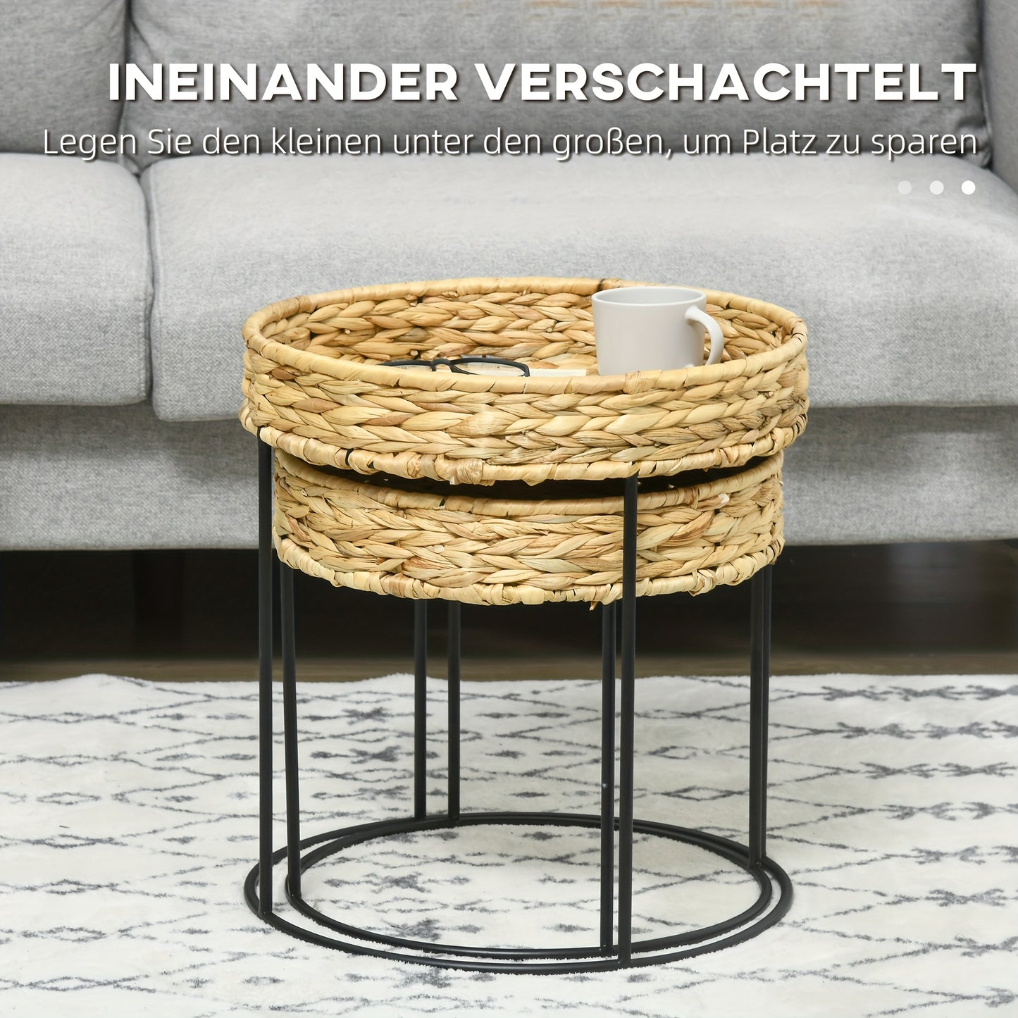 Salontafel – Bijzettafel – Koffietafel – Tafeltje – Bohemien – Set Van 2 – Hyacintvezel Tafelblad – Stevig Stalen Onderstel