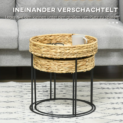 Salontafel – Bijzettafel – Koffietafel – Tafeltje – Bohemien – Set Van 2 – Hyacintvezel Tafelblad – Stevig Stalen Onderstel