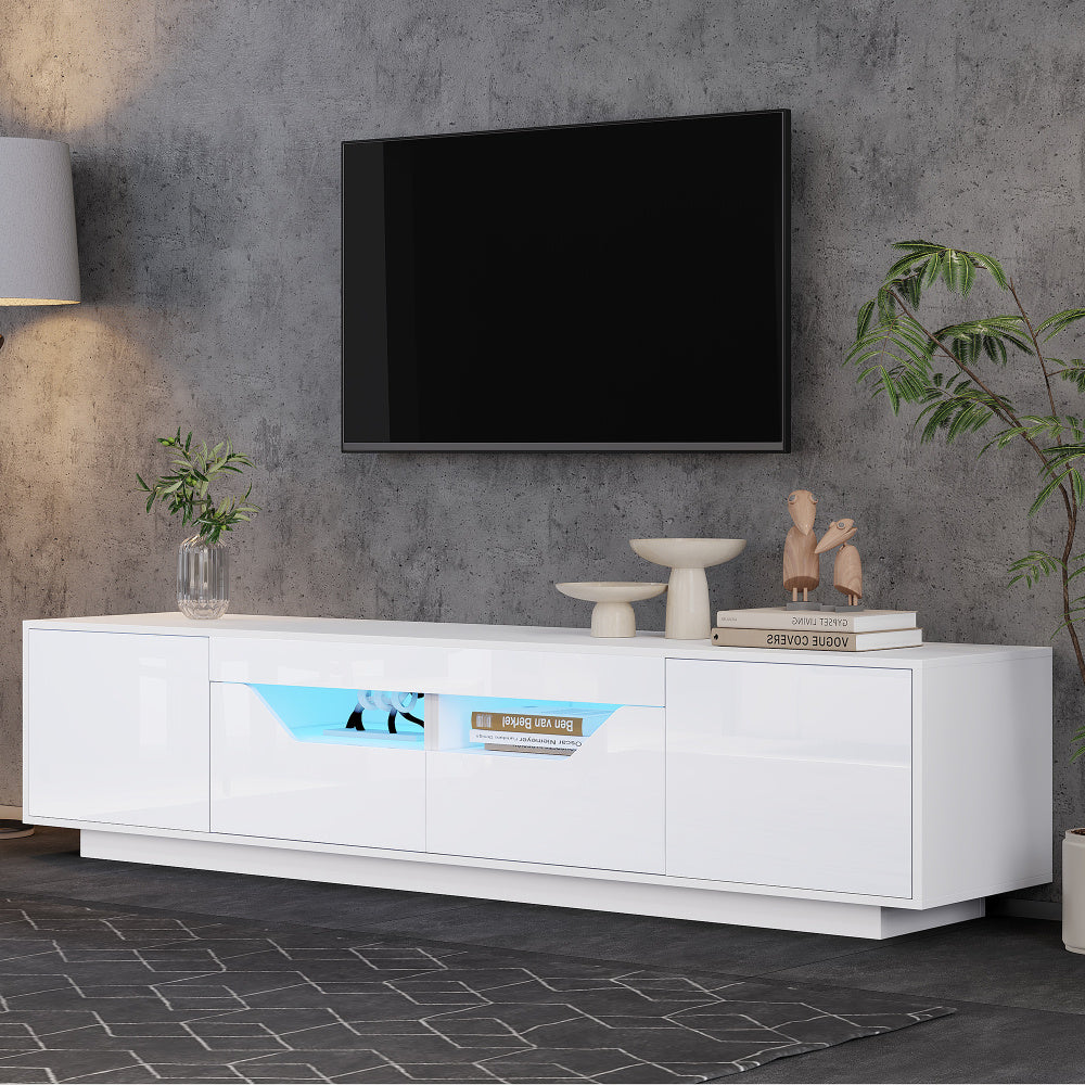 Modern TV Stand Compatible for 75-Inch TVs with 2 Drawers & 2 Doors - Low Profile Floor-Standing Cabinet, Sturdy Metal Frame, Ample Storage for Media Players/Gaming Consoles, Fits for Screens