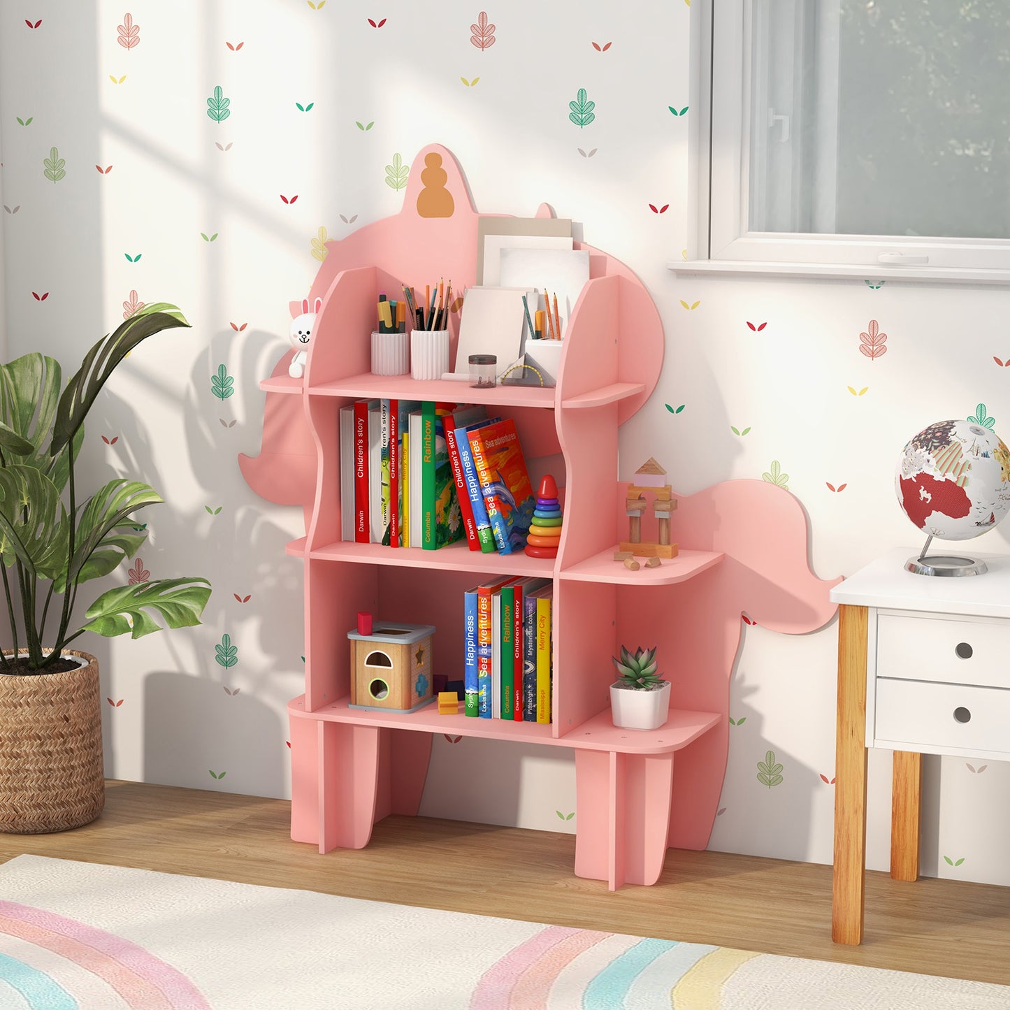 Kinderboekenkast – Kinderboekenrek – Speelgoedkast – Boekenplank – Opbergkast – Roze Eenhoorn Ontwerp – 3 Laags Met Anti-Kantel Beveiliging