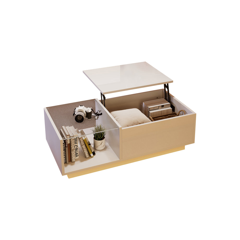 Modern Adjustable Height Coffee Table with Hidden Storage & Shelves - Heavy-Duty Metal Construction, High-Gloss Finish, Space-Saving Design with Lower Shelf & Openable Compartment, Easy Assembly, Contemporary Living Room Furn