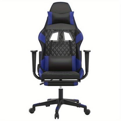 Gaming chair with footrest, black and blue faux leather for gaming PC