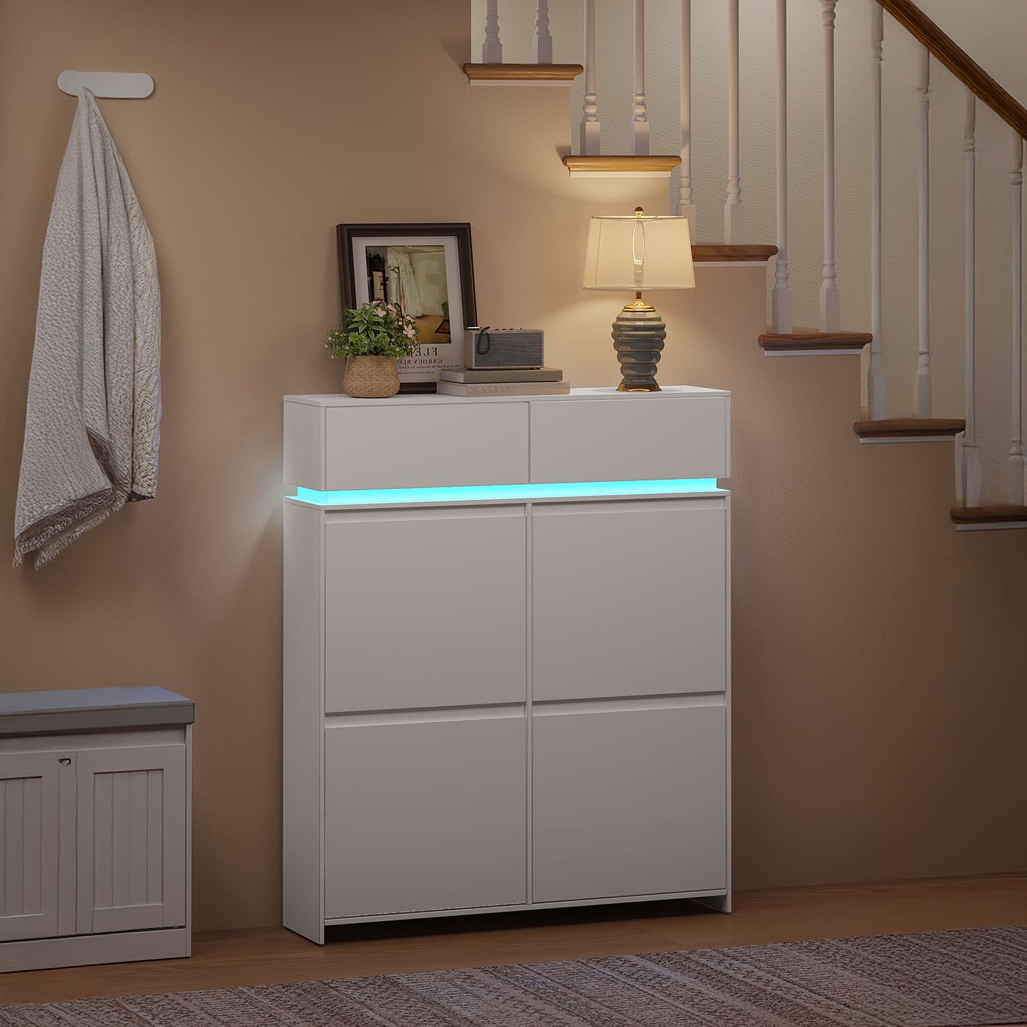 Schoenenkastje – Schoenenrek – Schoenopberger – Schoenendisplay – Schoenenkast – Wit – LED-Verlichting – Verstelbare Planken – Compact 100x119x24 cm
