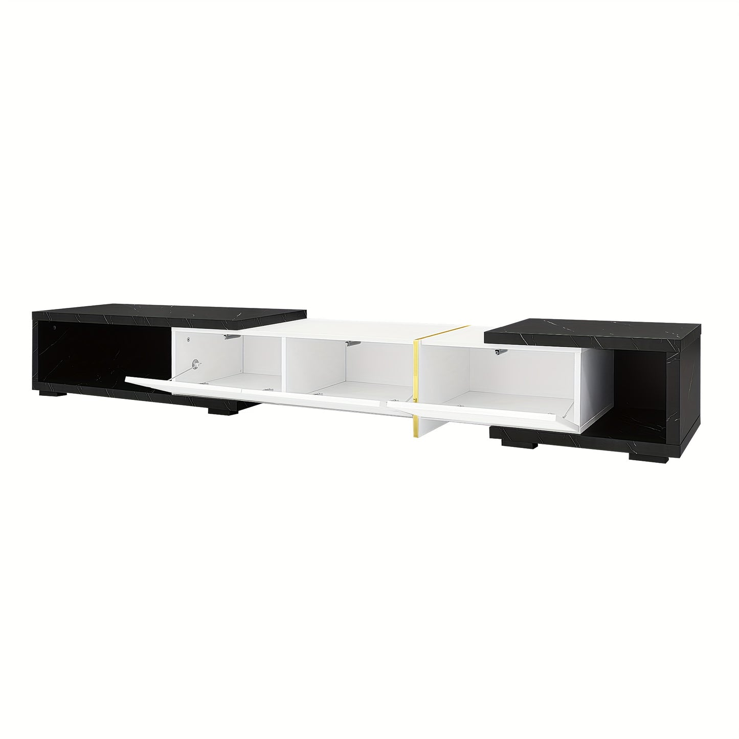 Modern TV Stand with Swivel Doors & Variable Length - Black Marble Look & Golden Accent White High-Gloss Matte Finish, Metal Construction, Space-Saving Design with Storage Shelves, No Electrical Required, Easy Assembly for La