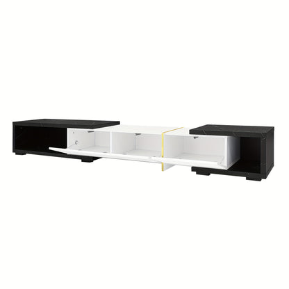 Modern TV Stand with Swivel Doors & Variable Length - Black Marble Look & Golden Accent White High-Gloss Matte Finish, Metal Construction, Space-Saving Design with Storage Shelves, No Electrical Required, Easy Assembly for La
