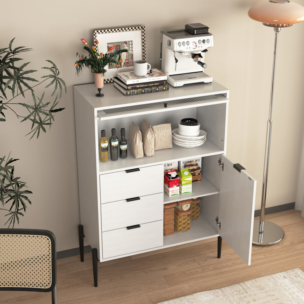 A sideboard featuring three drawers, one door and one glass door, with storage space in the wooden cabinet. Suitable for kitchens, dining rooms and hallways. Dimensions: 85 x 40 x 120 centimetres., Space-Saving Storage Unit,