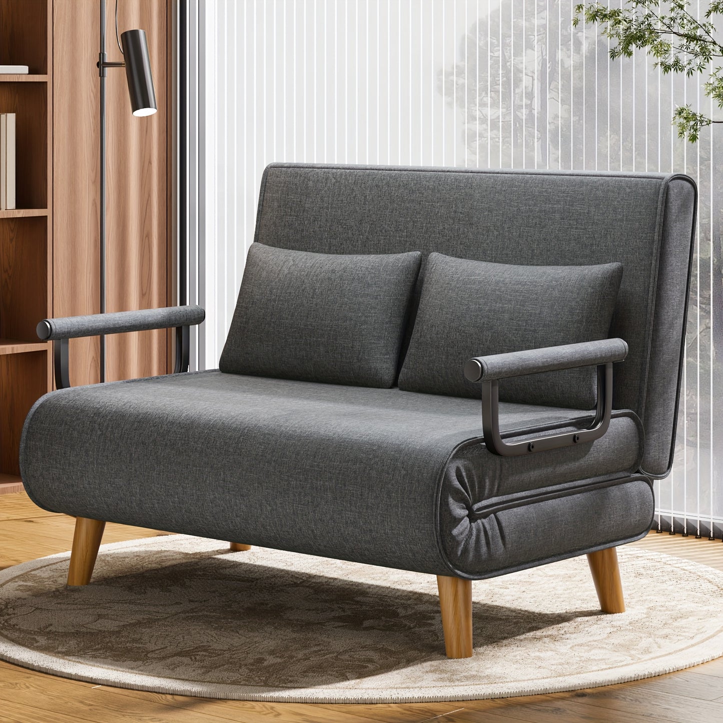 3-in-1 Slaapbank – Slaapbankje – Bedbank – Logeerbank – Verstelbare Bank – Donkergrijs – 6-standen Verstelbare Rugleuning – Massief Houten Frame – Pluche Kussens – Ruimtebesparend Design