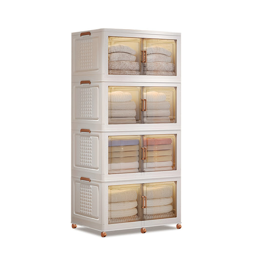 4-laags Plastic Kledingkast – Opbergkast – Dressoir – Garderobekast – Opbergkast Met Deuren – Wit – Inklapbaar Ontwerp – 4 Wielen Voor Mobiliteit – 4x145L Capaciteit – Duurzaam PP Materiaal