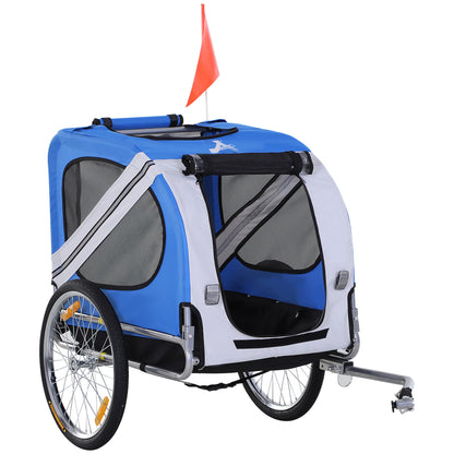 Fietskar Hond – Hondenfietskar – Hondenkar – Fietsaanhanger – Dierenkar – Stalen Frame – Waterdicht Oxford Polyester – Max 30 Kg – Wit Blauw – Met Reflectoren en Vlag