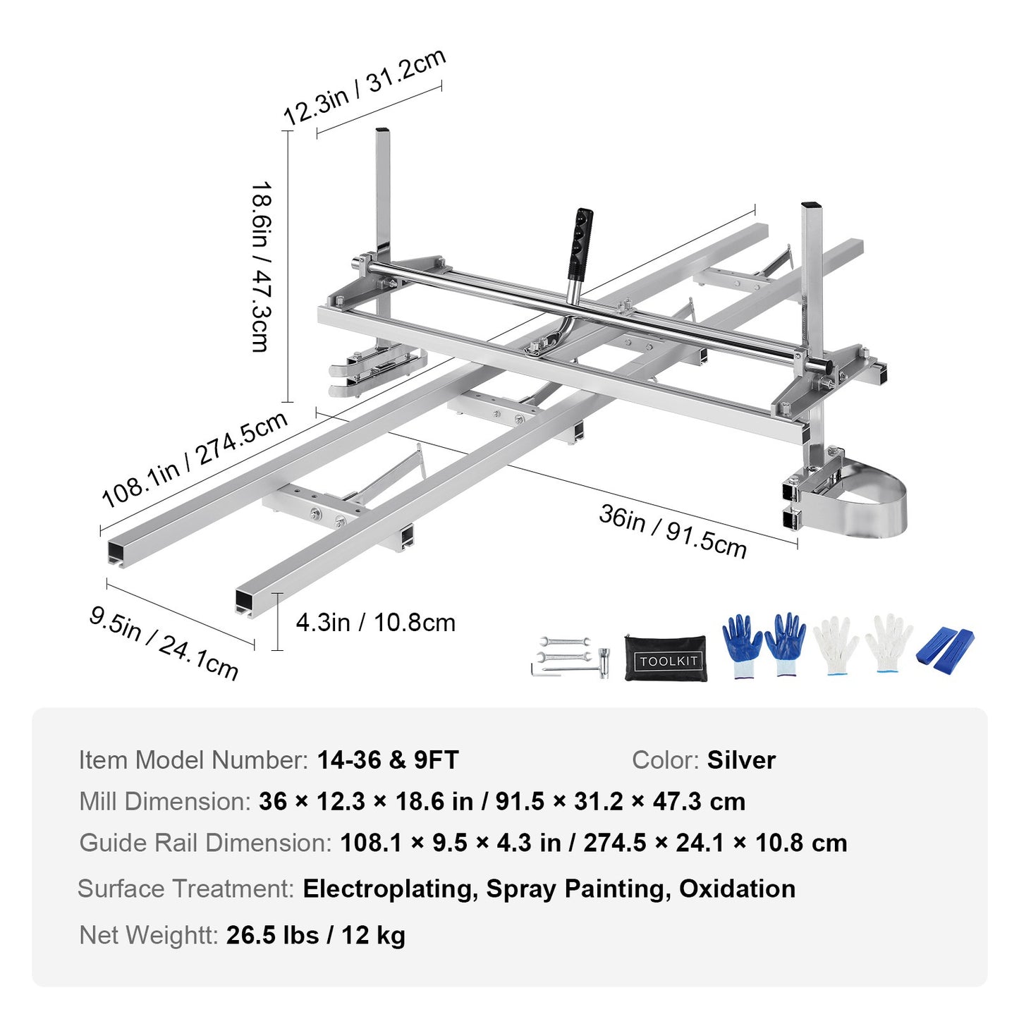 Kettingzaaggeleider – Kettingzaagmolen – Zaagrail – Zaaggeleider – Houtbewerking – Aluminium Rail – Gegalvaniseerd Staal – Verstelbare Klemplaten – 275 cm Zaagrail