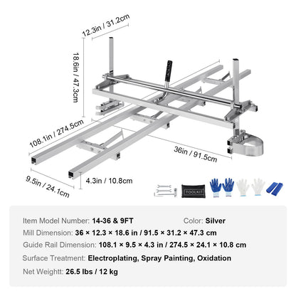 Kettingzaaggeleider – Kettingzaagmolen – Zaagrail – Zaaggeleider – Houtbewerking – Aluminium Rail – Gegalvaniseerd Staal – Verstelbare Klemplaten – 275 cm Zaagrail