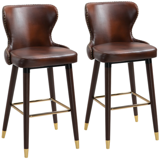 Barkruk – Barstoel – Bistrokruk – Eetkamerstoel – Counterstoel – Set Van 2 – Bruin Kunstleer – Met Rugleuning en Voetensteun – 52x53x101 cm