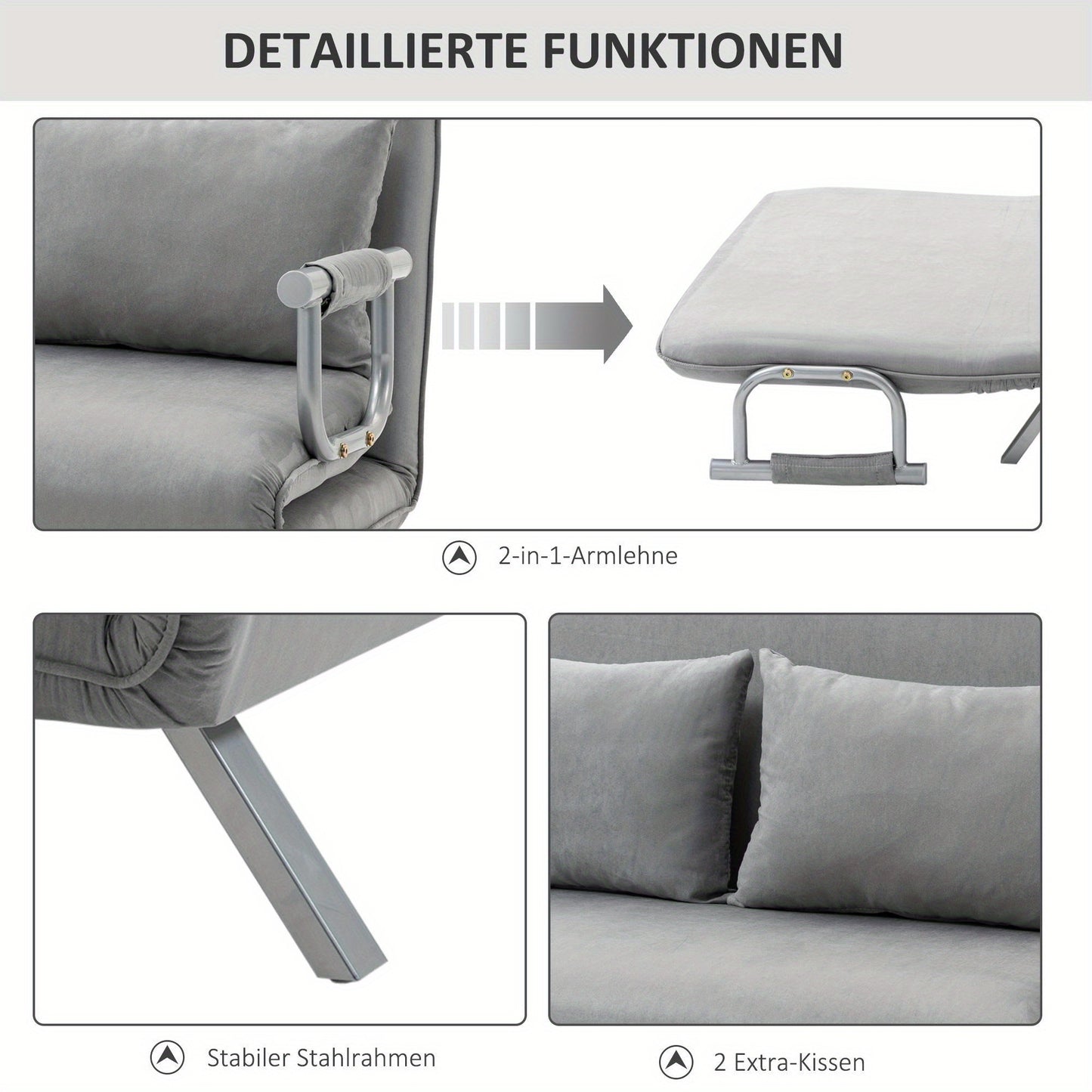 2-zitsbankbed – Slaapbank – Tweezitsbank – Loveseat – Bedbank – Verstelbare Rugleuning – Max. Draagkracht 150 kg – Lichtgrijs – Inclusief Kussens