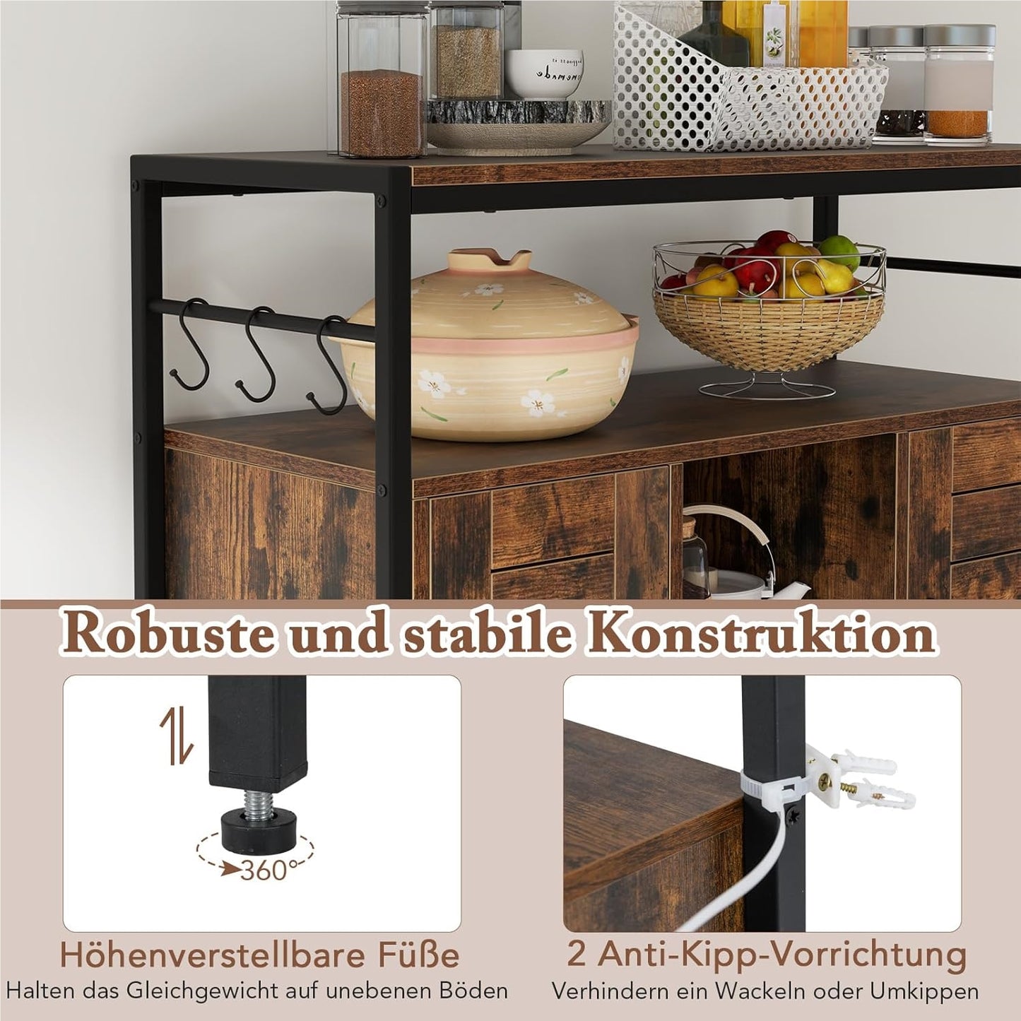 Houten Dressoir – Sideboard – Keukenkast – Buffetkast – Opbergkast – Industrieel – Verstelbare Planken – Inclusief 3 Haken – Bruin Zwart
