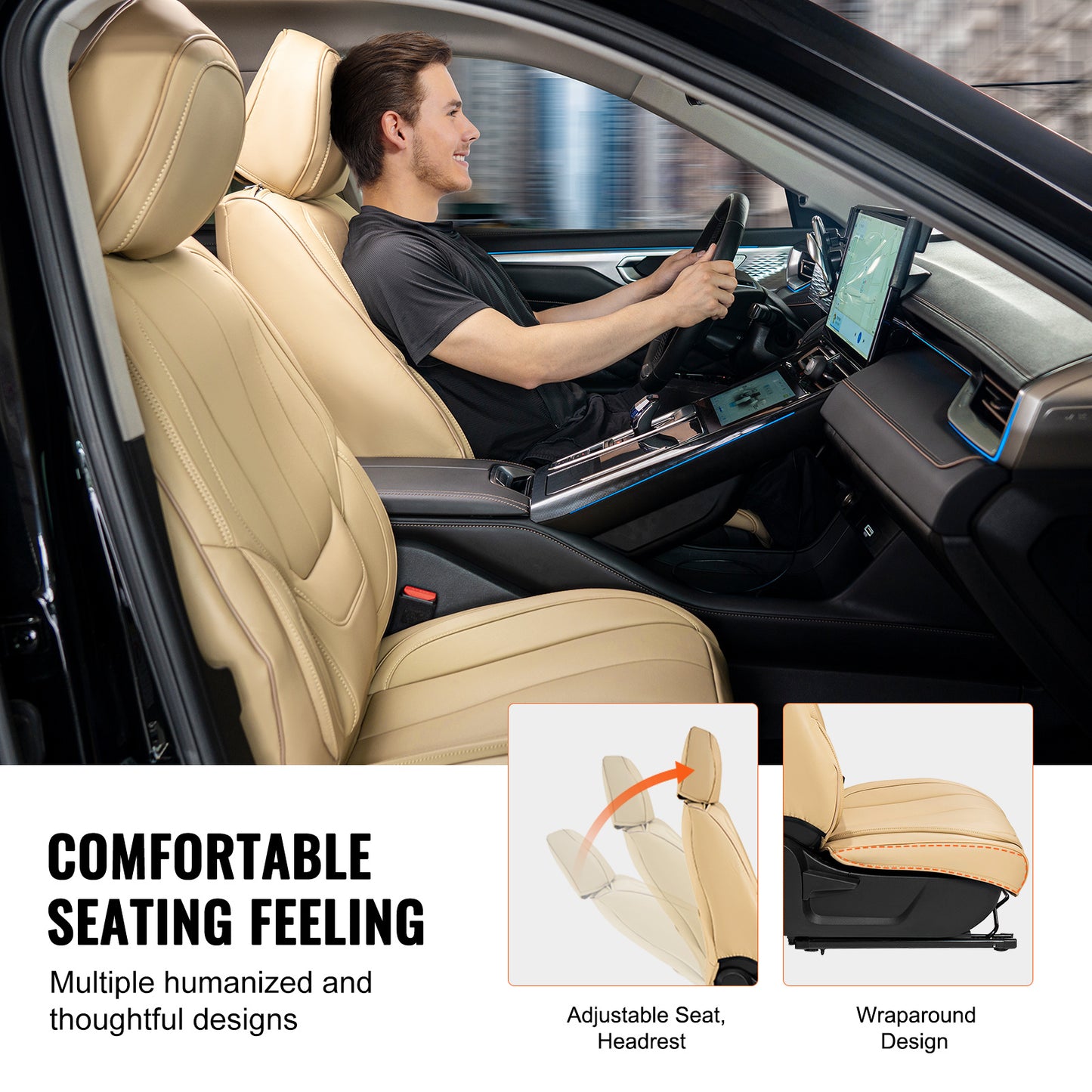 Universele Autostoelhoezen – Stoelhoes Auto – Autostoelbekleding – Autostoel Cover – Stoelhoes Set – Airbagvriendelijk – Dik Kunstleer Beige