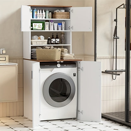 Wasmachinekast – Wasmachinekast – Opbergkast Wasruimte – Bijkeukenkast – Kast Wasmachine Droger – Met Dubbele Deuren – Walnoot-look Blad – 170x68x68 cm – Geluidsdempend – Verstelbare Planken - Wit