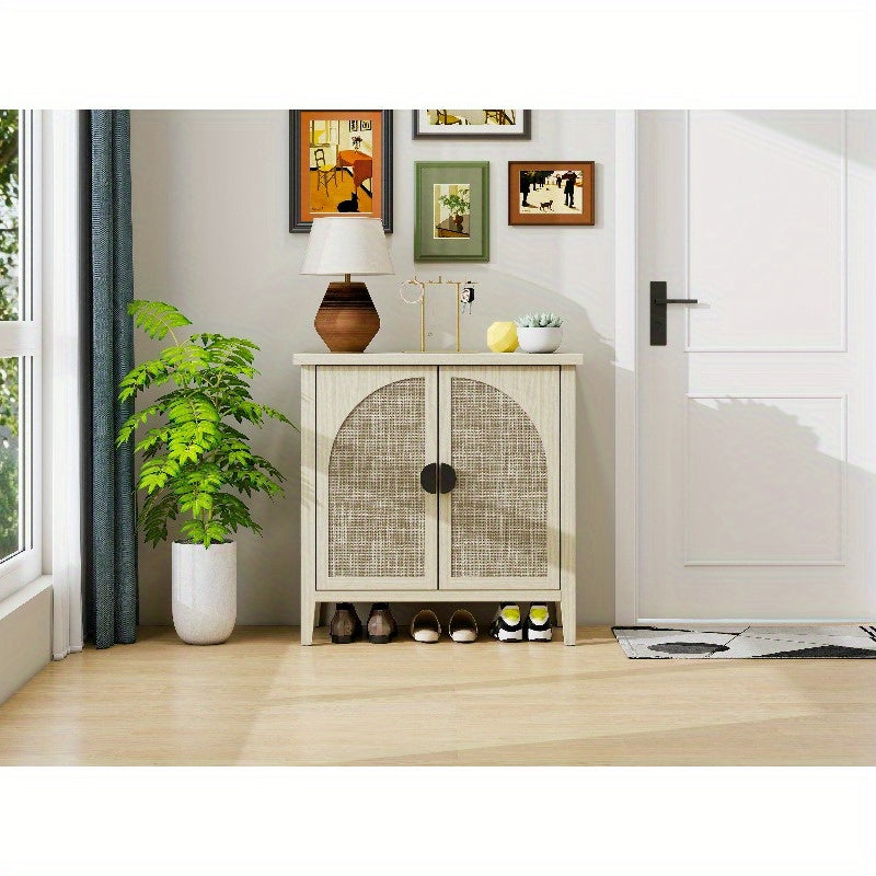 Modern Natural Rattan Storage Cabinet with Two Doors - Curved Sideboard or China Cabinet, Sturdy Metal Frame, Open Shelf & Closed Storage Compartments, Space-Saving Entryway, Living Room, Dining Room, Kitchen Organizer - No A
