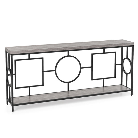 Sidetable – Console Tafel – Haltafel – Wandtafel – Sofa Tafel – 2-Laags Met Marmerlook – Smal & Extra Lang – Zwart Metalen Frame – Anti-Kantel Veiligheid