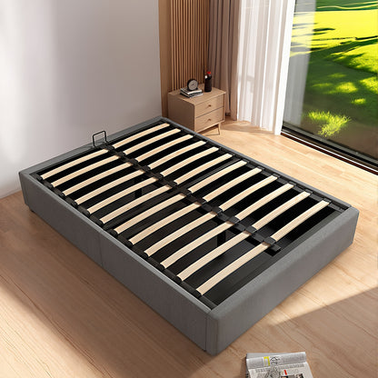 Bedframe – Bedframe Met Opberglade – Ophoogbed – Opbergbed – Slaapbed – Grijs – Hydraulische Opberglift – 140x200 cm – Stevig Metalen Frame – Leren Bekleding